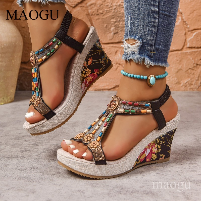 Boho Beaded Floral Wedge Sanda - Ethnic Fashion Women ulasan dan harga
